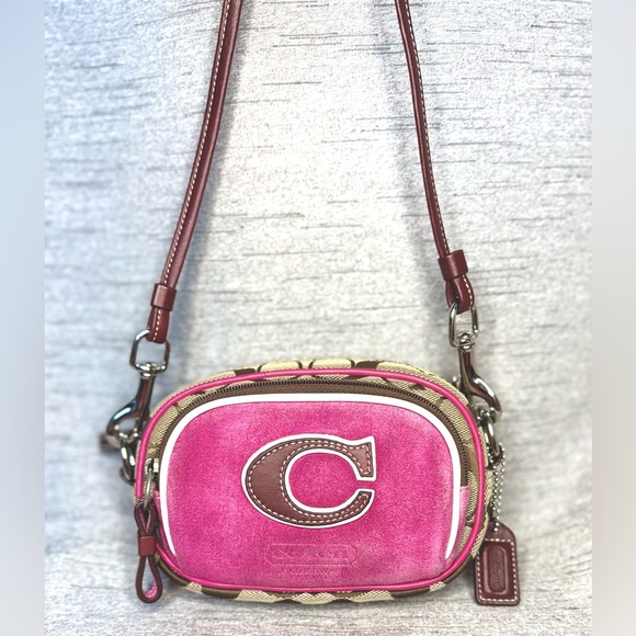 Coach Vintage Y2K Pink Suede, Signature Jacquard & Brown Leather Crossbody 7”x5” - Picture 3 of 17